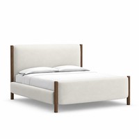 Cadre de lit rembourré en tissu bouclé de style nordique moderne avec poteaux en bois massif de noyer, lit plateforme pour chambre à coucher, taille King ou Queen
