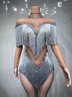 Body sexy en résille transparente noire avec strass et franges, tenue de scène pour chanteuse, danseuse, spectacle, fête, soirée, club