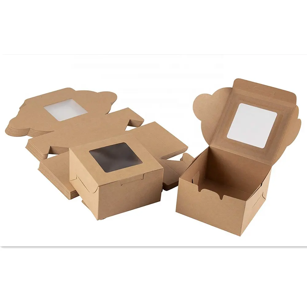 Kotak Roti Kertas Kraft Kemasan Kotak Kue Tunggal dengan Jendela Tampilan Bening Kue Donat Pie Iris Kotak Makanan Penutup