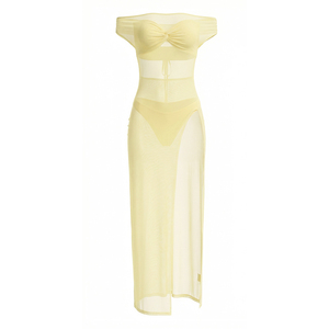 Viviblook Y26ST178 Ensemble d'été pour femme Nouveau sexy ensemble trois pièces : crop top bustier, string et robe longue fendue en maille transparente - Product Image 6