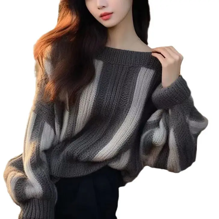 Осеннее Новое поступление, Модный женский пуловер с длинным рукавом и длинным рукавом, белый серый пуловер в полоску