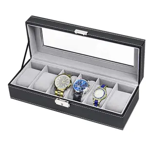 Orologi di lusso in ecopelle Display Organizer custodia custodia 6 Slot coperchio in vetro con serratura cuscini morbidi scatola per orologi