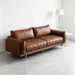 Sofá de 3 plazas de cuero marrón coñac premium con estructura de madera de nogal y metal para sala de estar - Product Image 3