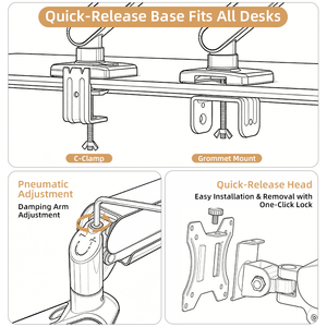 Bras <span class=keywords><strong>de</strong></span> moniteur à ressort à gaz dégradé or rose 17-35 pouces, fixation par pince <span class=keywords><strong>de</strong></span> bureau/œillet, <span class=keywords><strong>plaque</strong></span> VESA à dégagement rapide, capacité <span class=keywords><strong>de</strong></span> charge 2-10 kg - Product Image 5