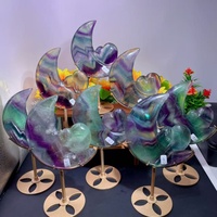 Lune en Fluorite Naturelle Arc-en-ciel en Gros avec Cœur Sculpté, Support Métallique, Ornement de Guérison pour Cadeau