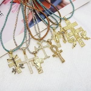 Kalung Liontin Salib Ankh Malaikat Bunda Maria Yesus Berlapis Emas NZ1713 dengan Rantai Tali Kepang, Perhiasan Kristen Katolik - Product Image 1