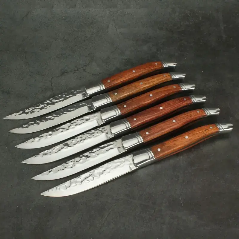New collection stainless steel knife laguiole hammered steak knife with forged rose wood handle