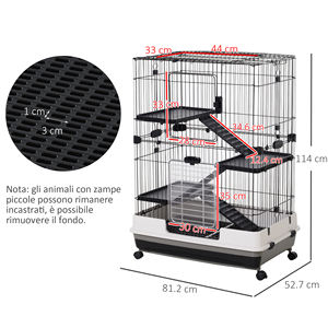 Cage en métal à 3 niveaux PawHut avec plateau pour rongeurs, lapins et furets avec 4 roues, 81,2x52. 7x114cm, Noir - Product Image 3