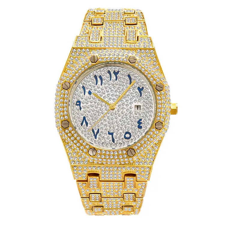 2023 Oem Diamant Hete Verkoop Arabisch Nummer Hiphop Bling Bling 18K Goud Ijskoud Horloge Luxe Volledig Boor Quartz Horloges Voor Dame