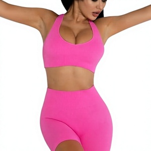 Best Quality Women's Seamless Ribbed Sports Bra and High Waist Biker Shorts Set Quick Dry Stretch Yoga Workout Activewear Set - Product Image 1