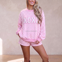 Conjunto de 2 Piezas para Mujer, Color Rosa con Puntos, para San Valentín, Sudadera con Cuello Redondo y Parche LOVED, Pantalones Cortos con Cordón, Ropa de Estar en Casa, Tallas Grandes Personalizadas