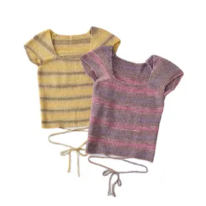 Женский Повседневный вязаный свитер с квадратным воротником и коротким рукавом, 2 цвета