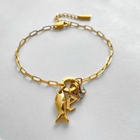 Pulsera de Cadena de Acero Inoxidable Chapada en Oro de 14K para Mujer, con Colgante de Delfín y Letra E, Zirconia Azul y Blanca, Joyería Emanco
