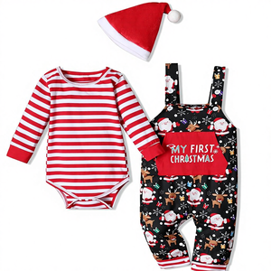 <span class=keywords><strong>Tenue</strong></span> de Noël et de Thanksgiving pour bébé garçon, barboteuse rayée, pantalon à bretelles, chapeau, 3 pièces, vêtements 0-18 mois, fabriqué en Chine - Product Image 1