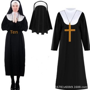 Costume d'Halloween pour femme, tenue de nonne traditionnelle pour adulte, robe noire de sœur, costumes religieux, étole d'église et robes de chœur - Product Image 5