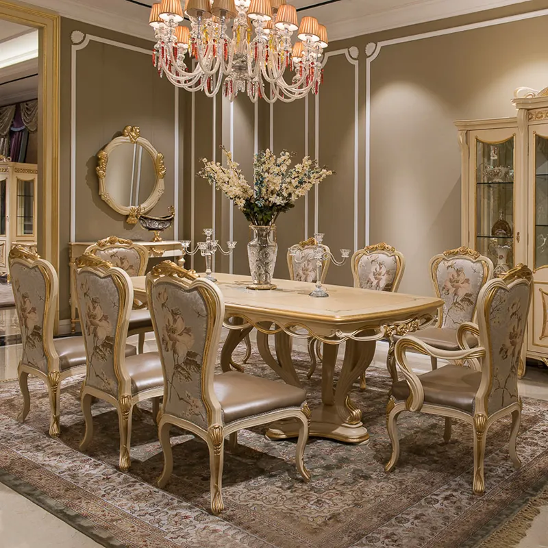 China formal elegant wood hand carving dining table classical luxury dinning table set 8 chairs dining room furniture