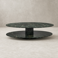 Table basse ovale de luxe en marbre vert œil de chat naturel à 2 niveaux avec bord cannelé et base cylindrique côtelée