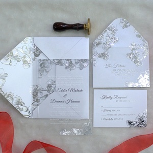 Carte d'invitation de <span class=keywords><strong>mariage</strong></span> en acrylique givré, pièces, avec impression florale, couleur argent - Product Image 3