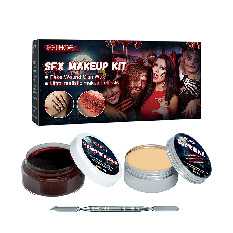 Kit Maquillage Halloween - Palette 8 Couleurs + Faux Sang + Cire Cicatrice - Pour Effets Spéciaux Réalistes