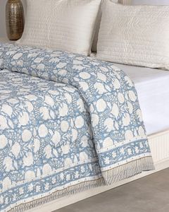 Indian Hand Block Print Dusty <b>Blue</b> Cotton Quilt Floral Bedspread Queen Comforter Soft All Season <b>Blanket</b> - Product Image 1