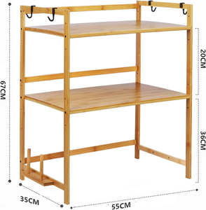 Scaffale Multifunzionale a 2 Ripiani in Bambù per Microonde, Supporto da Cucina in <span class=keywords><strong>Legno</strong></span> con 4 Ganci - Product Image 2