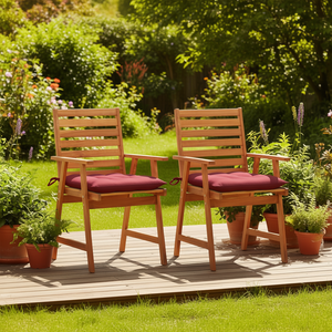 Set di 2 sedie da giardino in teak con cuscini rosso vino, mobili da esterno per patio, design rustico, gambe affusolate - Product Image 2
