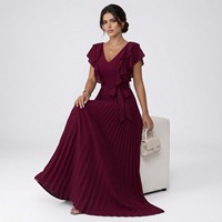 Robe longue plissée élégante et romantique pour femme, col en V, double volant, ceinture intégrée, en maille et mousseline, avec fermetures éclair, printemps-automne