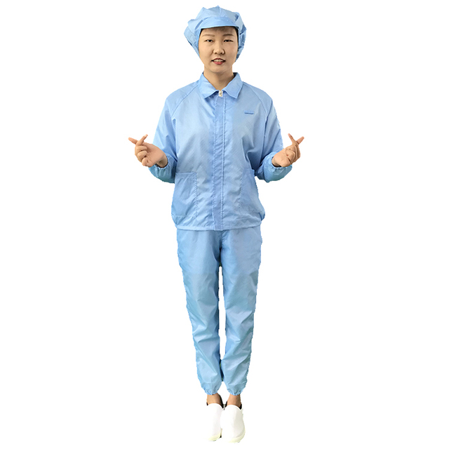 Washable 5mm Grid Antistatic Polyester Fabric Blue Cleanroom Smock Anti-static Jacket ESD Working Split Suits for Electronics