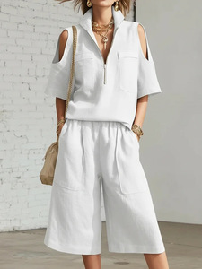 Completo da donna due pezzi con spalle scoperte, top con mezza zip e <span class=keywords><strong>pantaloni</strong></span> <span class=keywords><strong>capri</strong></span> larghi, morbido, per tutti i giorni, ufficio, vacanze, casual, streetwear - Product Image 4