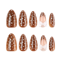 Faux ongles marron amande à presser avec pois blancs et motif nœud, embouts brillants réutilisables pour fêtes, rendez-vous, mariages, manucure 4562