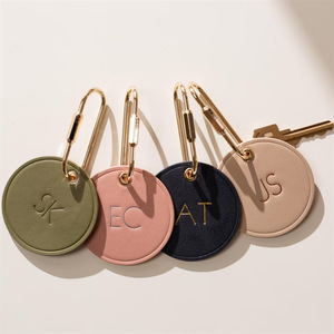 PU round <b>keychain</b> pendant, brass buckle bag accessory, <b>leather</b> tag with hot stamping logo. - Product Image 1
