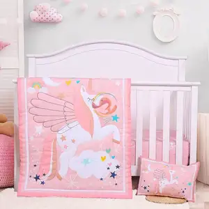 Rainbow unicorn theme 3pc nursing comforter cot set crib bedding organic cotton baby crib bedding set for girl