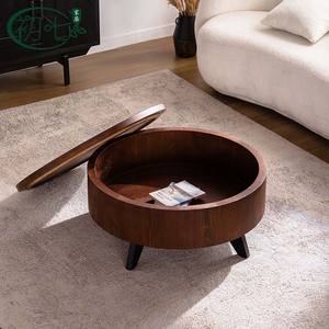 Yan Yujia Round <b>Coffee</b> <b>Table</b> <b>Walnut</b> Wood Storage Living Room Furniture - Product Image 3
