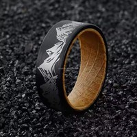 POYA 8mm Noir Plat Forêt Montagne Tungstène Hommes Anneau Whisky Baril Bois Incrustation Alliance Classique Cadeau De Fiançailles pour Hommes
