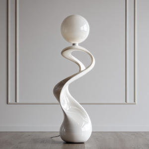 Lámpara de Pie con Forma de Ola en S, Color Blanco Brillante, Base Orgánica Retorcida, Pantalla de Globo de Vidrio Transparente para Sala de Estar - Product Image 5
