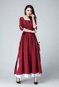 Robe en lin écologique à volants, couleur bordeaux unie, à bretelles, taille basse, coupe évasée, pour soirée, avec une belle fente latérale, pour femmes - Product Image 5