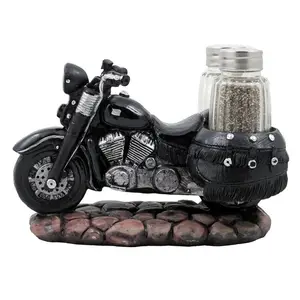 Polyresin/Hars Klassieke Motorfiets Glas Zout En Peper Shaker Set Met Decoratieve Retro Road Hog Display Houder Als Biker