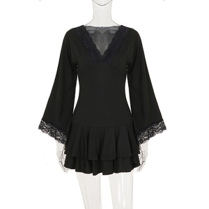 Vestido Mini Elegante de Estilo Oscuro con Encaje y Parches, Cuello en V, Manga Acampanada, Estilo Francés, Sexy, con Cintura Definida, para Mujer - Product Image 6