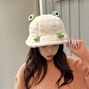 Sombrero de Pescador de Felpa con Diseño de Rana de Dibujos Animados para Mujer, Gorro de Invierno Cálido y Grueso de Pelo Sintético, Gorra Panamá para Exteriores, Casual, para Vacaciones - Product Image 3