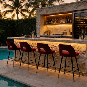 Outdoor Red Velvet Modern Bar <b>Stools</b> & Counter Chairs for Hotel <b>Dining</b> Living Room | Commercial Luxury Upholstered Seats - Product Image 1