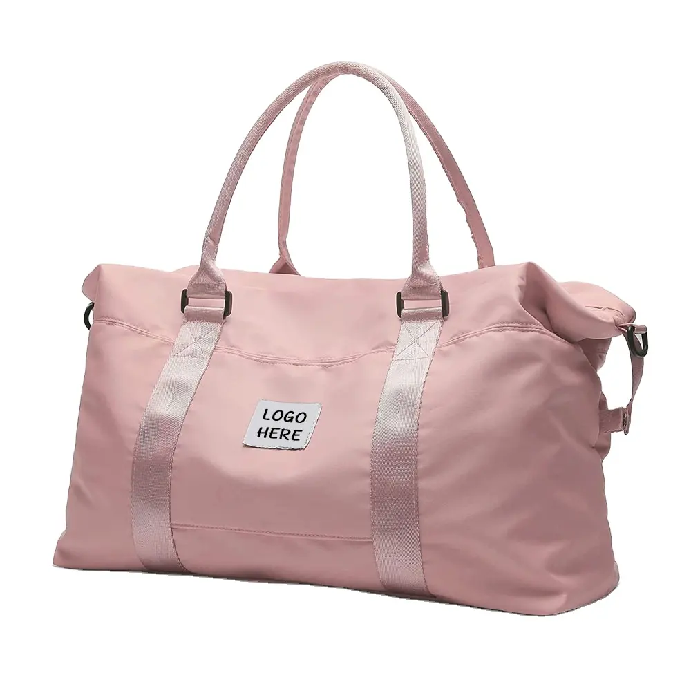 Custom Logo Print Polyester Nylon Large Travel Duffel Bag Sports Tote Gym Bag Shoulder Weekender Overnight Bag for Women