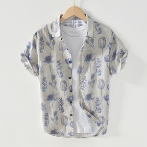 Chemises en lin pour hommes, décontractées, à col carré, à manches courtes, à motifs floraux, pour l'été - Vente en gros - Product Image 1