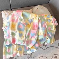 Cárdigan de verano con nubes de amor para mujer, pantalones cortos, pijama de algodón inspirado en satén, cierre de cintura elástica para estudiantes, celebridades de Internet