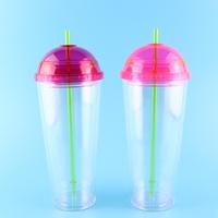 Gobelet à boisson en plastique à double paroi avec logo personnalisé, paille et couvercles ronds