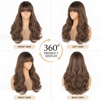 Perruque synthétique longue ondulée brune avec frange complète, en fibre haute température, sans colle, aspect naturel, pour femmes, fournisseur en gros d'usine