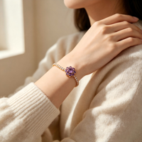 Bracelet pour femme en alliage de cuivre plaqué or 18 carats, fleur violette en zircon cubique, élégant, délicat, empilable, tendance