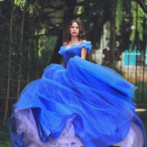 Vestido de Noche Largo Estilo <span class=keywords><strong>Cenicienta</strong></span> 2025 Nuevo Azul con Hombros Descubiertos, Tul Vaporoso y Lazo para Fiesta al por Mayor - Product Image 2