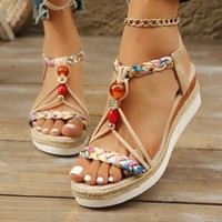 Nouvelles sandales compensées perlées pour femmes 2024 – Chaussures d'été à talon haut et semelle épaisse en corde de chanvre tressée, très tendance