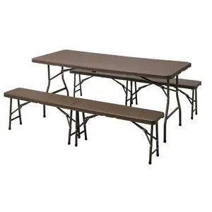 6FT Fold In Half Bench Rattan design Folding Table Set Indoor Outdoor Portable Picnic Camp Desk Bench Set
