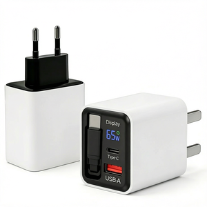 อะแดปเตอร์ชาร์จเร็ว GaN แท้ 65W แบบ Type-C พร้อมหน้าจอแสดงผลดิจิตอลและสายชาร์จแบบยืดหดได้ สำหรับแล็ปท็อป โทรศัพท์ และแท็บเล็ต - Product Image 1